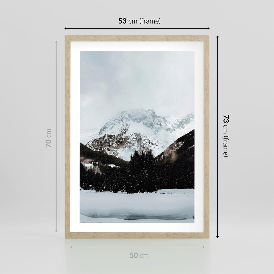 Plakat w ramie 50x70 - W Cieniu Śnieżnych Szczytów - górski krajobraz, zima - rama drewno