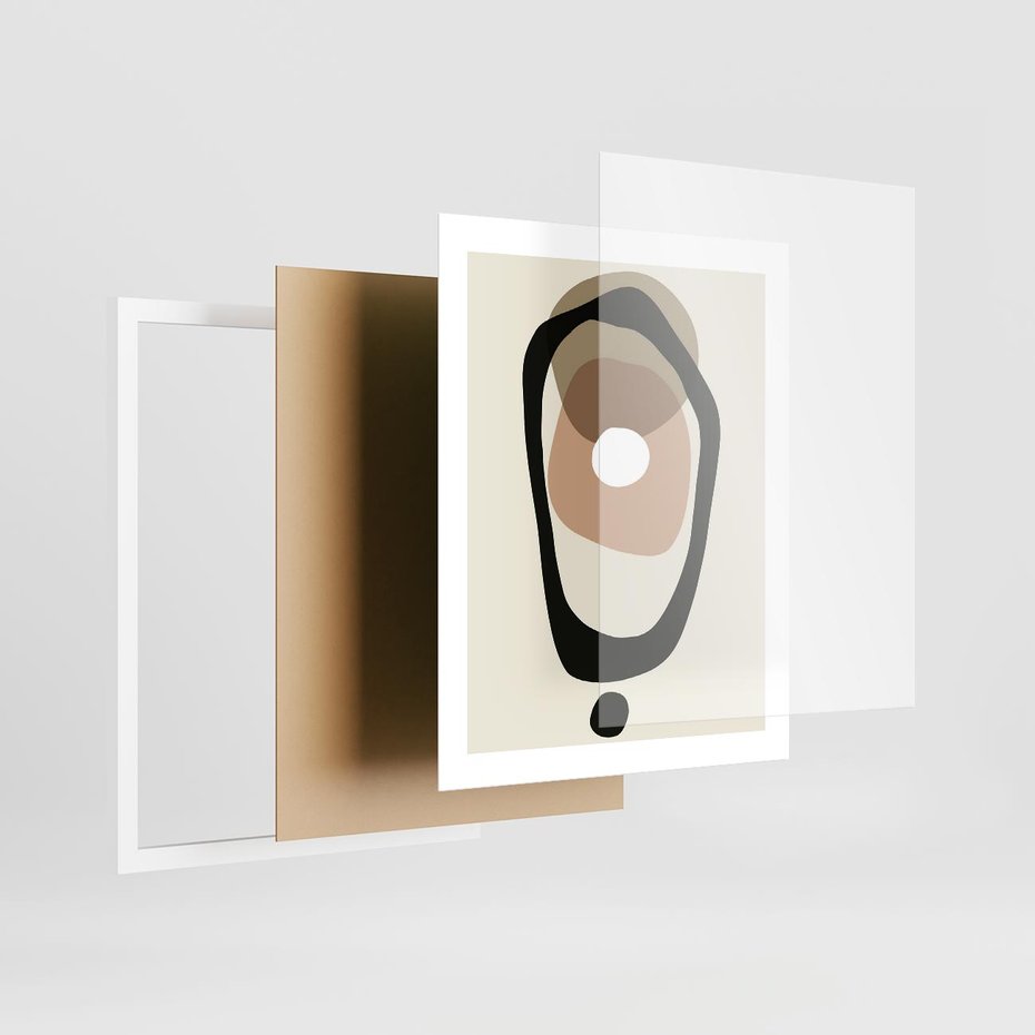 Plakat w ramie 40x50 - Intrygujące Zaskoczenia - beżowa abstrakcyjna kompozycja, czarny akcent - rama biała