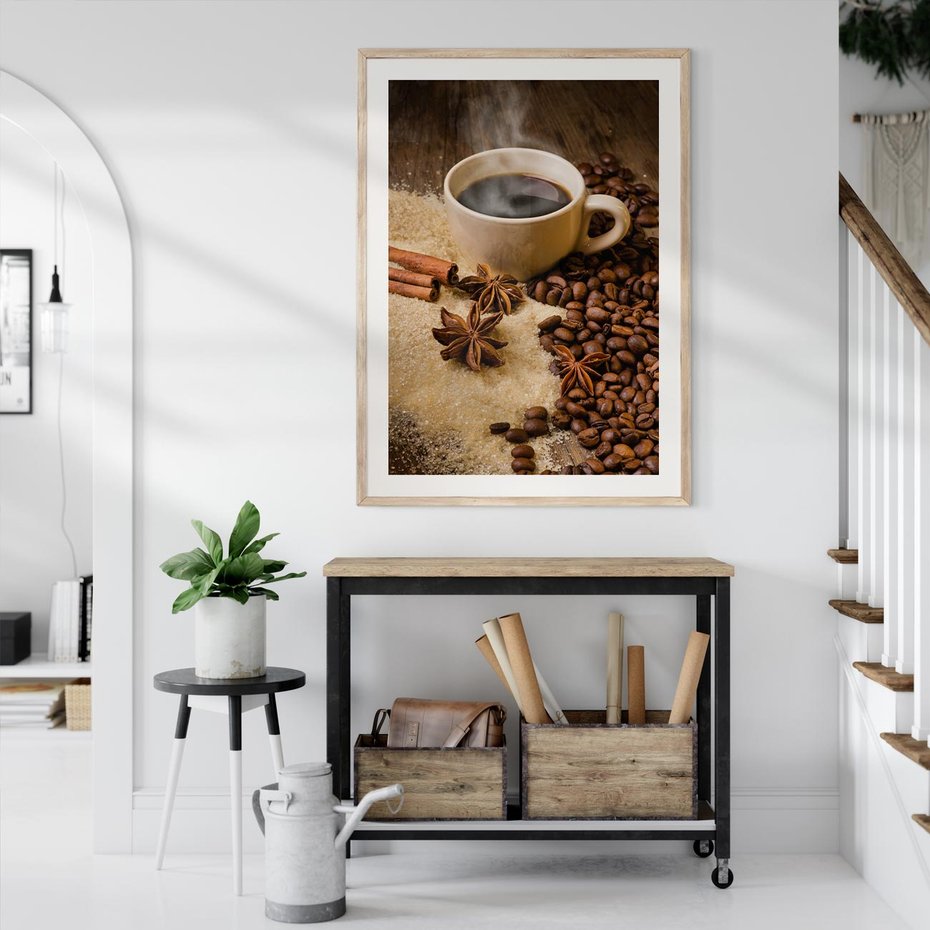 Plakat w ramie 30x40 - Kawowa filiżanka pełna aromatu - kawa, filiżanka - rama drewno