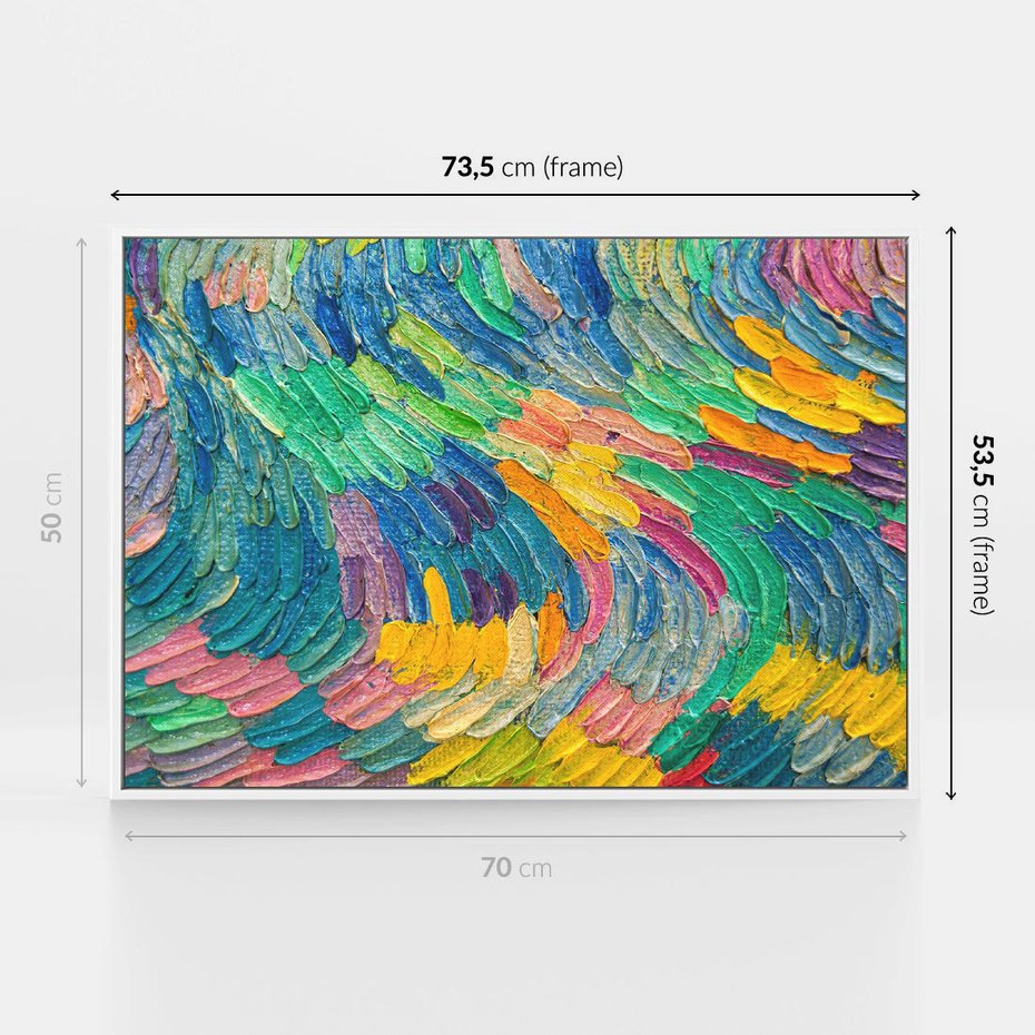 Obraz w ramie 70x50 - Egzotyczne Pióra - abstrakcyjne dzieło, farby olejne - rama biała