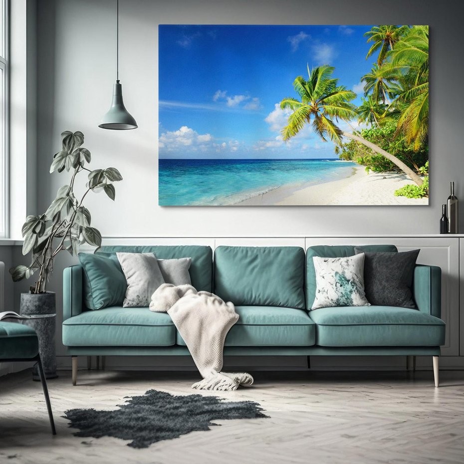 Obraz na płótnie 120x80 - Rajskie Malediwy: Plaża pod palmami - Malediwy, plaża