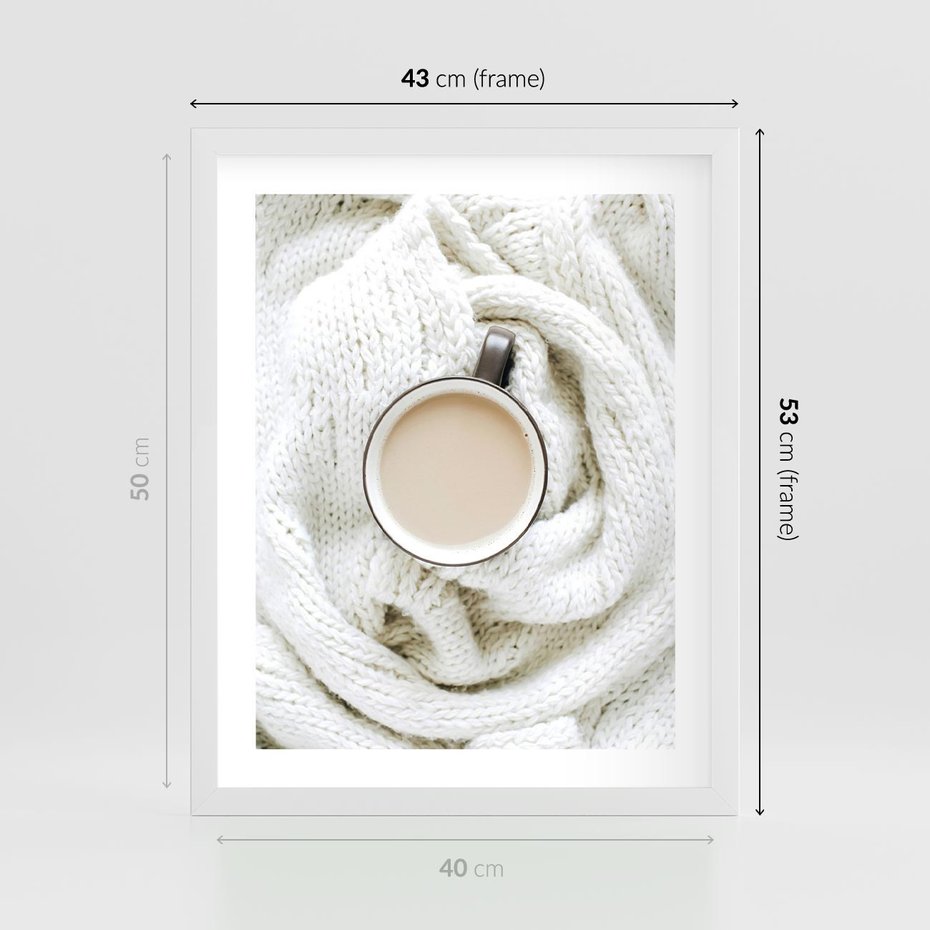 Plakat w ramie 40x50 - Kawa na Wełnianym Kocu - kawa, biały wełniany koc - rama biała