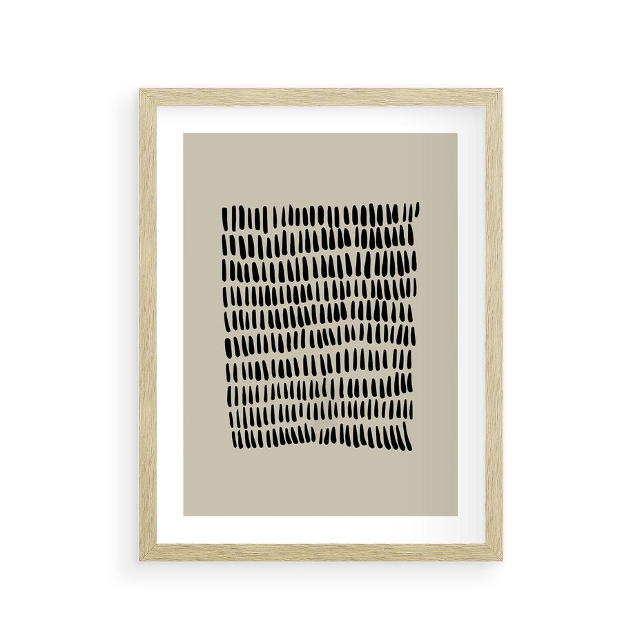 Plakat w ramie 30x40 - Energetyczne Pulsacje Nowości - boho plakat, czarne kropki kreski - rama drewno