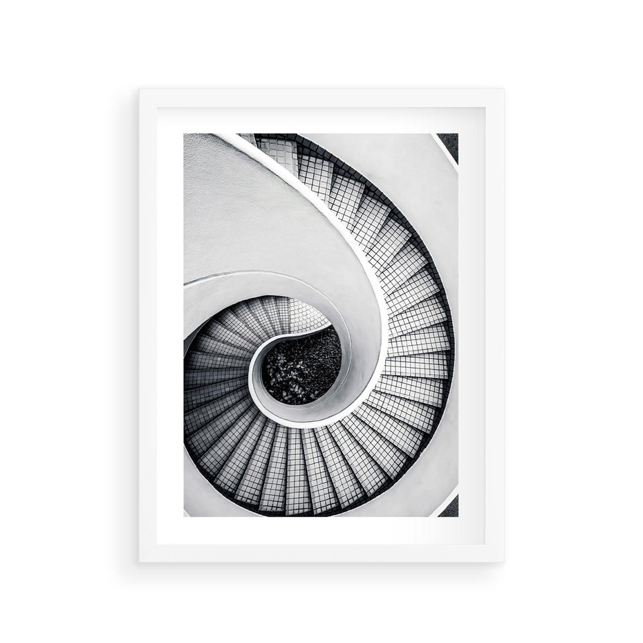 Plakat w ramie 30x40 - Nowoczesne Schody: Kręcone Piękno - nowoczesna architektura, kręcone schody - rama biała