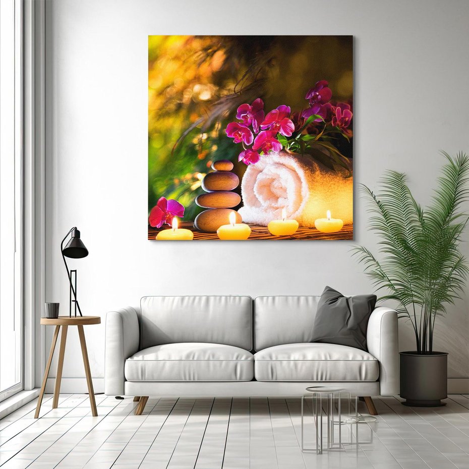 Obraz na płótnie 30x30 - Relaksujące spa z płonącymi świecami - spa, świece