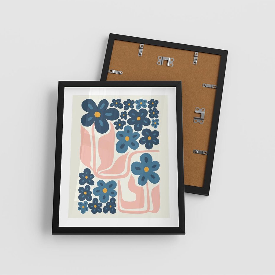 Plakat w ramie 40x50 - Niebieskie Refleksje - niebieskie kwiaty, niezapominajki - rama czarna