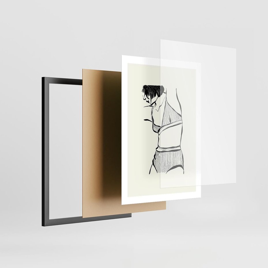 Plakat w ramie 50x70 - Minimalistyczny Urok - szkic, kobieta w bieliźnie - rama czarna