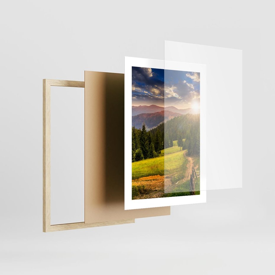 Plakat w ramie 30x40 - Zachód słońca na łące - zachód, łąka - rama drewno