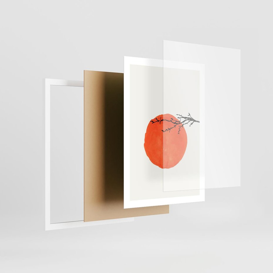 Plakat w ramie 50x70 - Słońce i Gałązka - pomarańczowe słońce, gałązka - rama biała