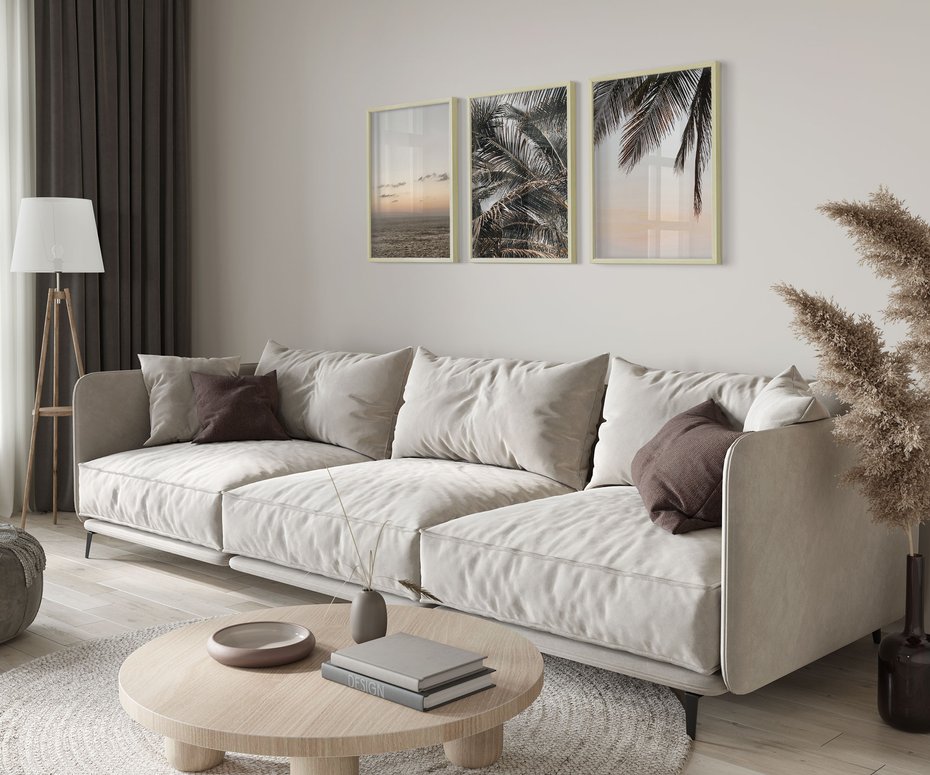 Zestaw obrazy w ramie 50x70 galeria - Palmy, plaża, zachód, słońca - rama drewno