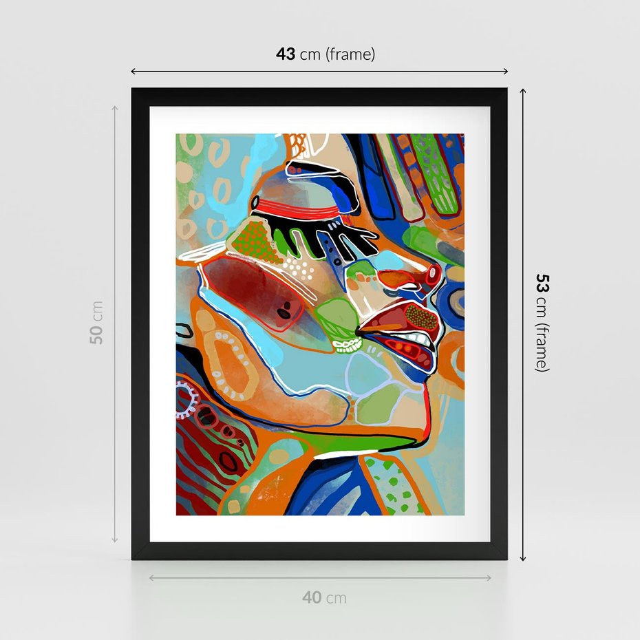 Plakat w ramie 40x50 - Kolorowe Wnętrza Kształtów - abstrakcyjny portret kobiety, twarz - rama czarna