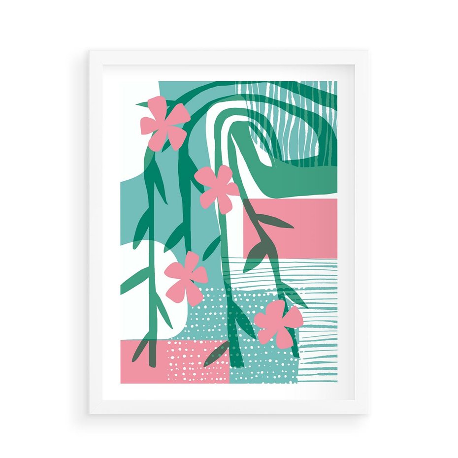 Plakat w ramie 50x70 - Rozkwitające Harmonie Form - abstrakcyjne pastelowe kwiaty, nowoczesna sztuka - rama biała