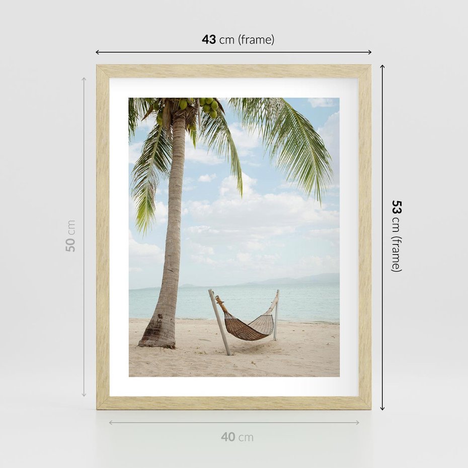 Plakat w ramie 40x50 - Relaks na plaży - palma, hamak - rama drewno