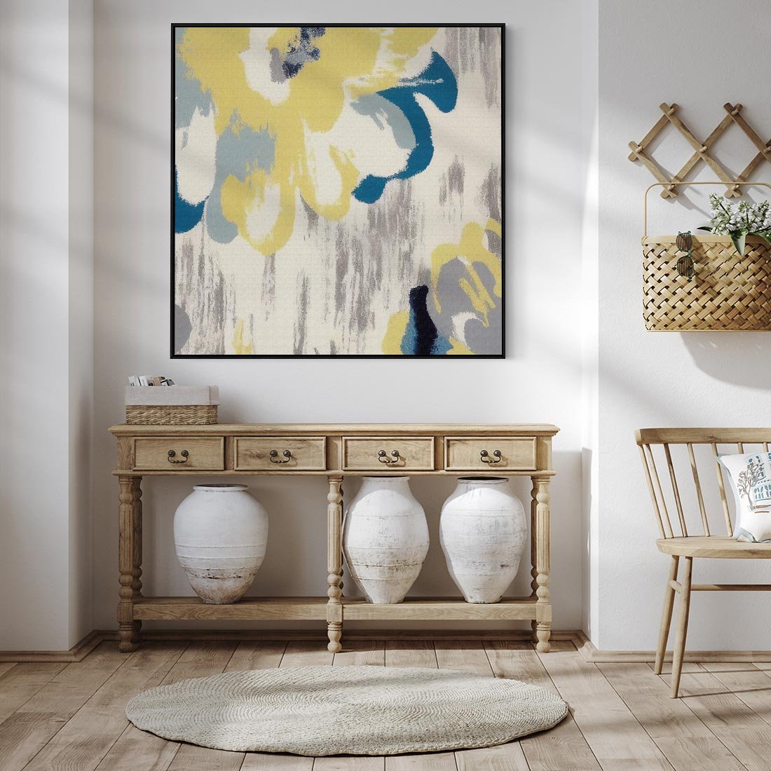 Obraz w ramie 50x50 - Kwiatowe Impresje - malowane duże kwiaty, kolory żółty - rama czarna