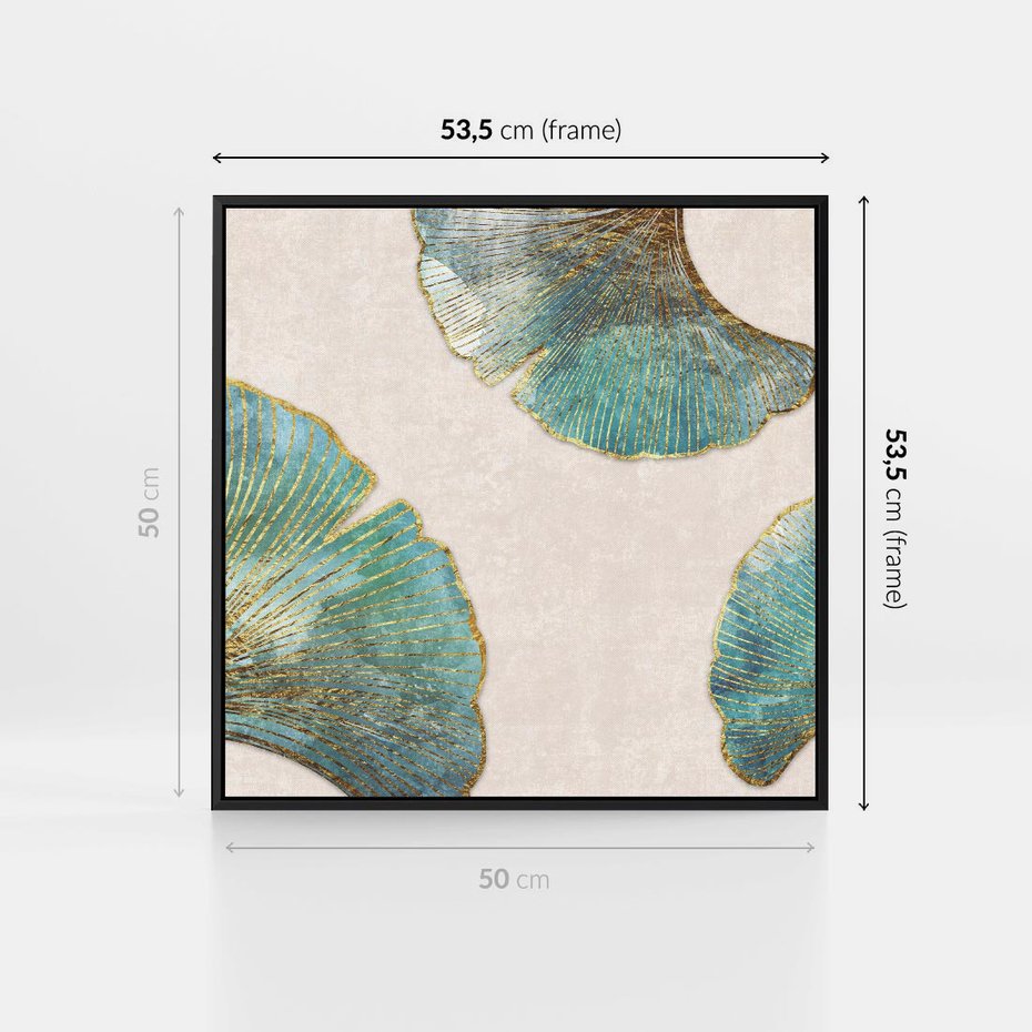 Obraz w ramie 50x50 - Złota Melodia Liści - złote, turkusowe liście miłorzębu - rama czarna