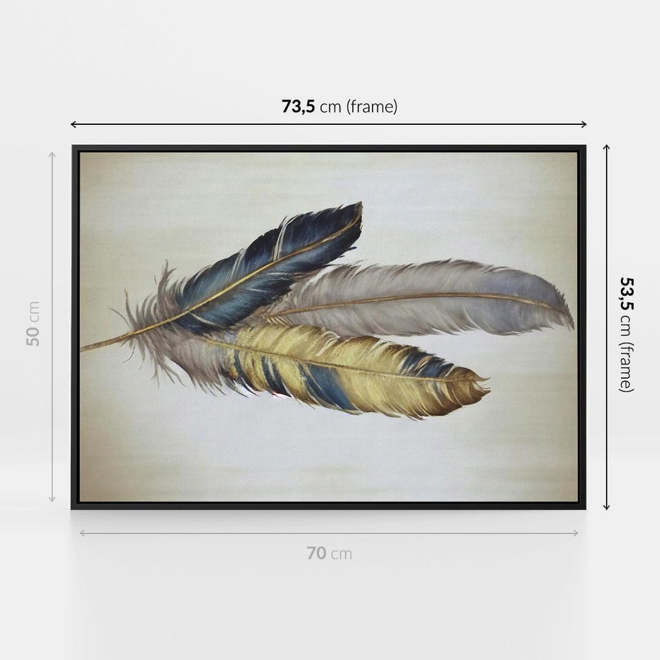 Obraz w ramie 70x50 - Granatowo-Złote Pióra - sztuka, granatowe i złote pióra - rama czarna