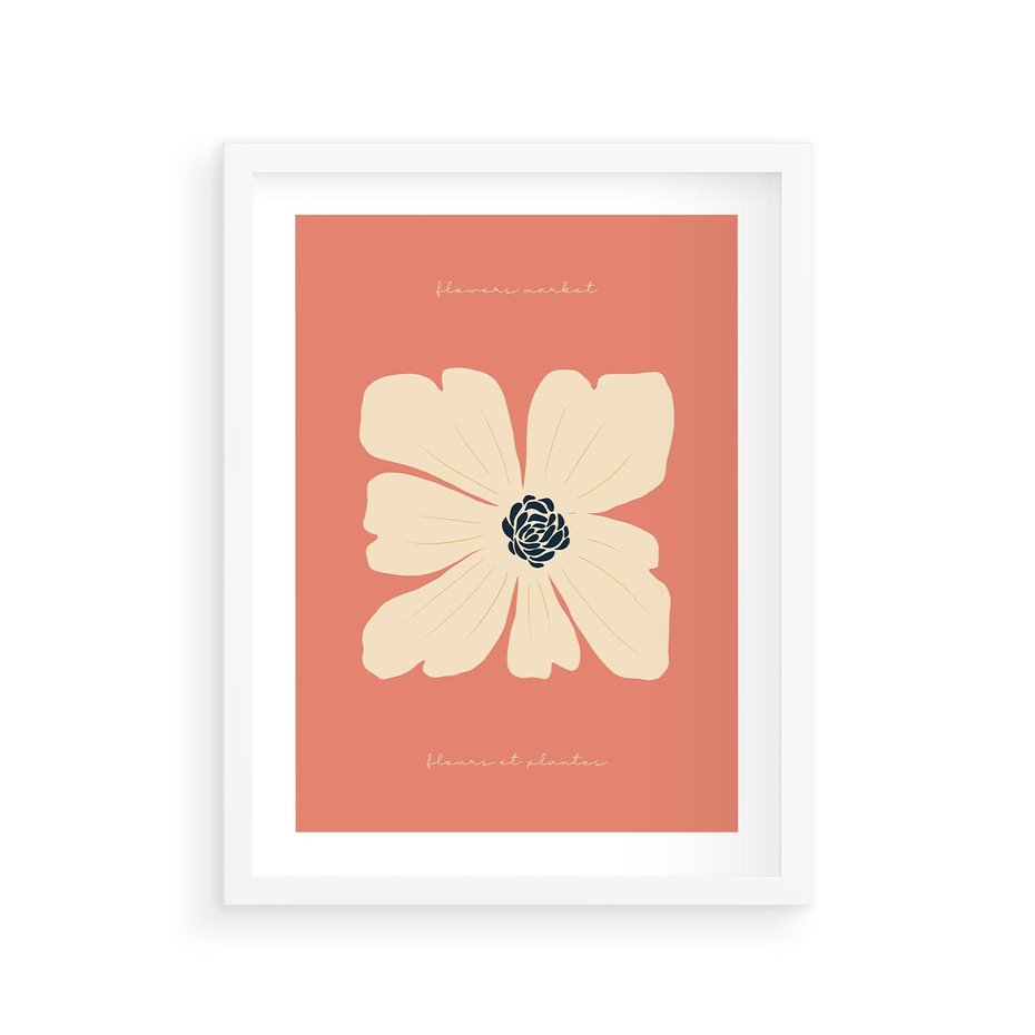 Plakat w ramie 30x40 - Malowane Kolorowe Echa - minimalistyczna grafika, biały kwiat na różowym tle - rama biała