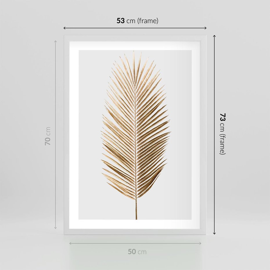 Plakat w ramie 50x70 - Złoty blask palmowego liścia - złota, palma - rama biała