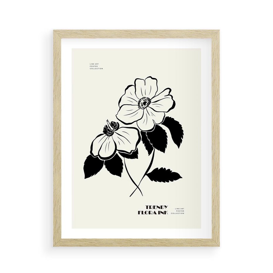 Plakat w ramie 50x70 - Poezja kwiecistej kreski - kwiaty, minimalistyczne - rama drewno