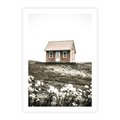 Plakat bez ramy 40x50 - Krajobraz z Przeszłości: Kwitnąca Łąka w Sepii - domek na wzgórzu, kwitnąca łąka