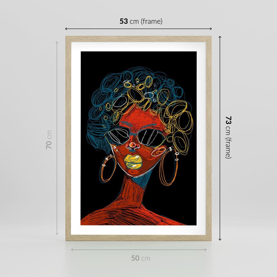 Plakat w ramie 50x70 - Kolorowe Wibracje Rzeczywistości - abstrakcyjny portret kobiety, twarz - rama drewno