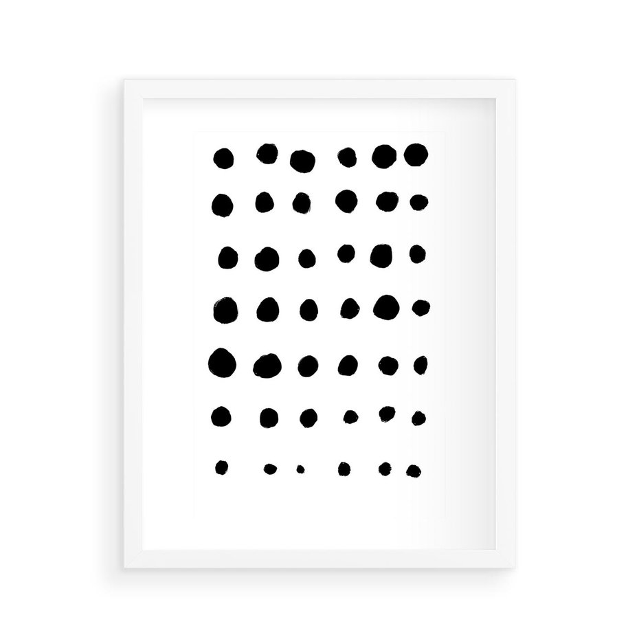 Plakat w ramie 40x50 - Refleksje Światła - minimalistyczna kompozycja, czarne kropkina białym tle - rama biała