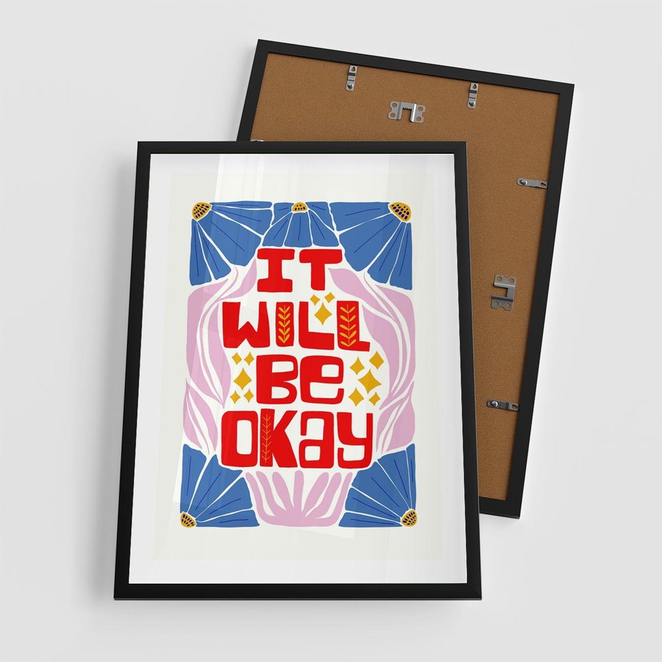 Plakat w ramie 50x70 - Kwiatowa Ekstaza - czerwona pozytywna typografia, kwiatowa kompozycja - rama czarna