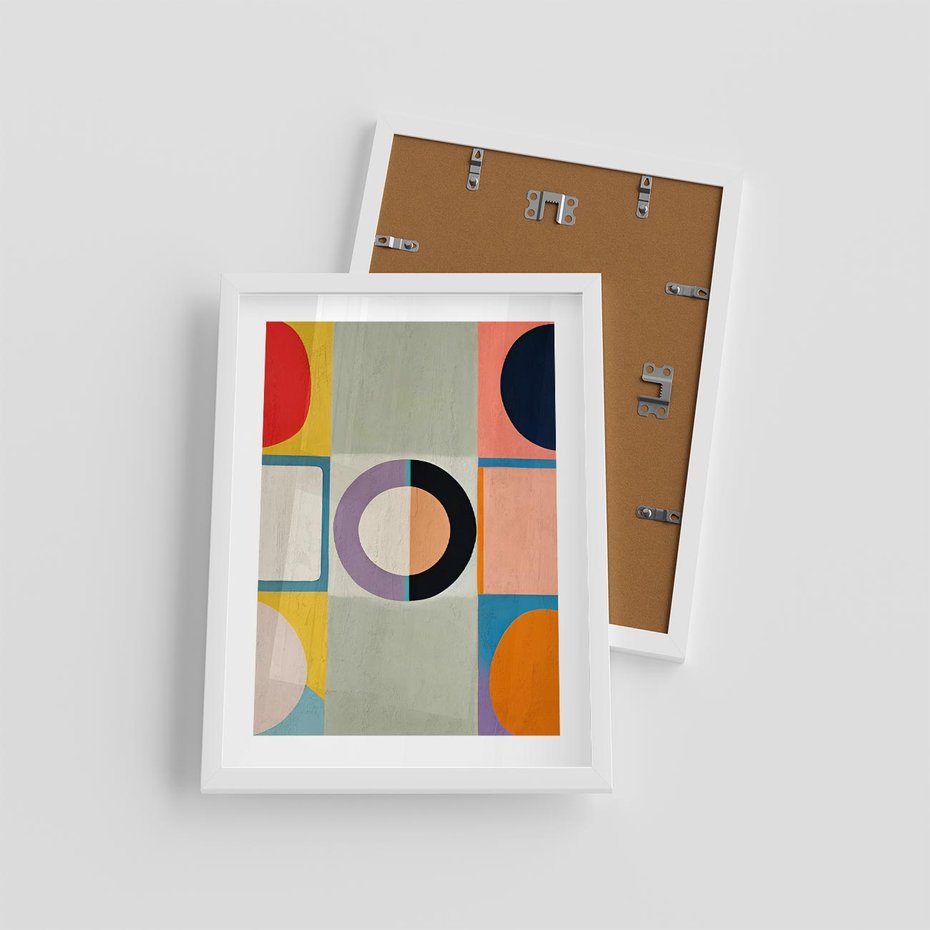 Plakat w ramie 30x40 - Taniec Kształtów Emocji - abstrakcyjne geometryczne kształty, olejny obraz - rama biała