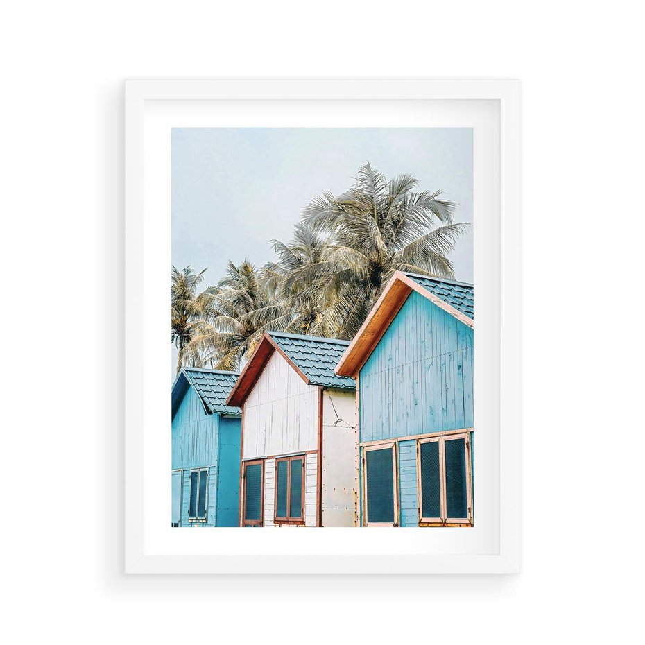 Plakat w ramie 40x50 - Rajskie Wakacje - domki na plaży, błękitne domki - rama biała