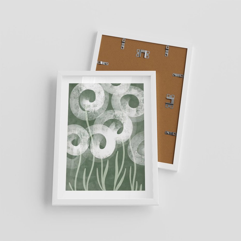 Plakat w ramie 30x40 - Spokojne Plamy Natury - zielony plakat, roślinne motywy - rama biała