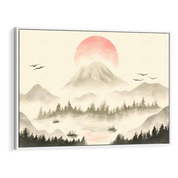 Obraz w ramie 100x70 - Przyroda Japonii - japońska akwarela, góry - rama biała