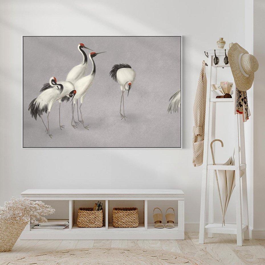 Obraz w ramie 100x70 - Spojrzenie wstecz w pędzlu - szkic rysunek, japońskie żurawie - rama biała