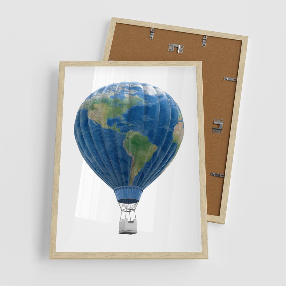 Plakat w ramie 50x70 - Podróżniczy balon nad ziemią - balon, ziemia - rama drewno