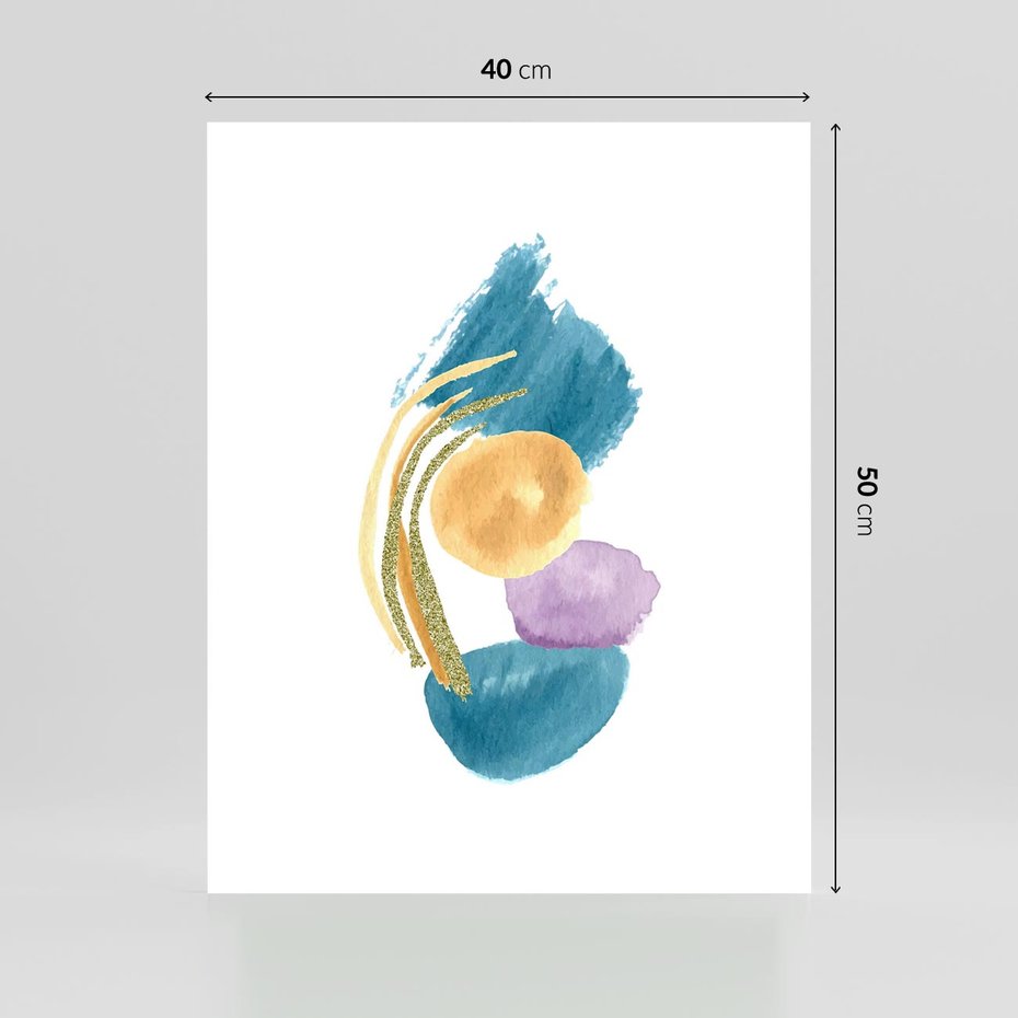 Plakat bez ramy 40x50 - Migocące Barwy Akwarel - akwarelowe plamy w odcieniach błękitu, złote kreski