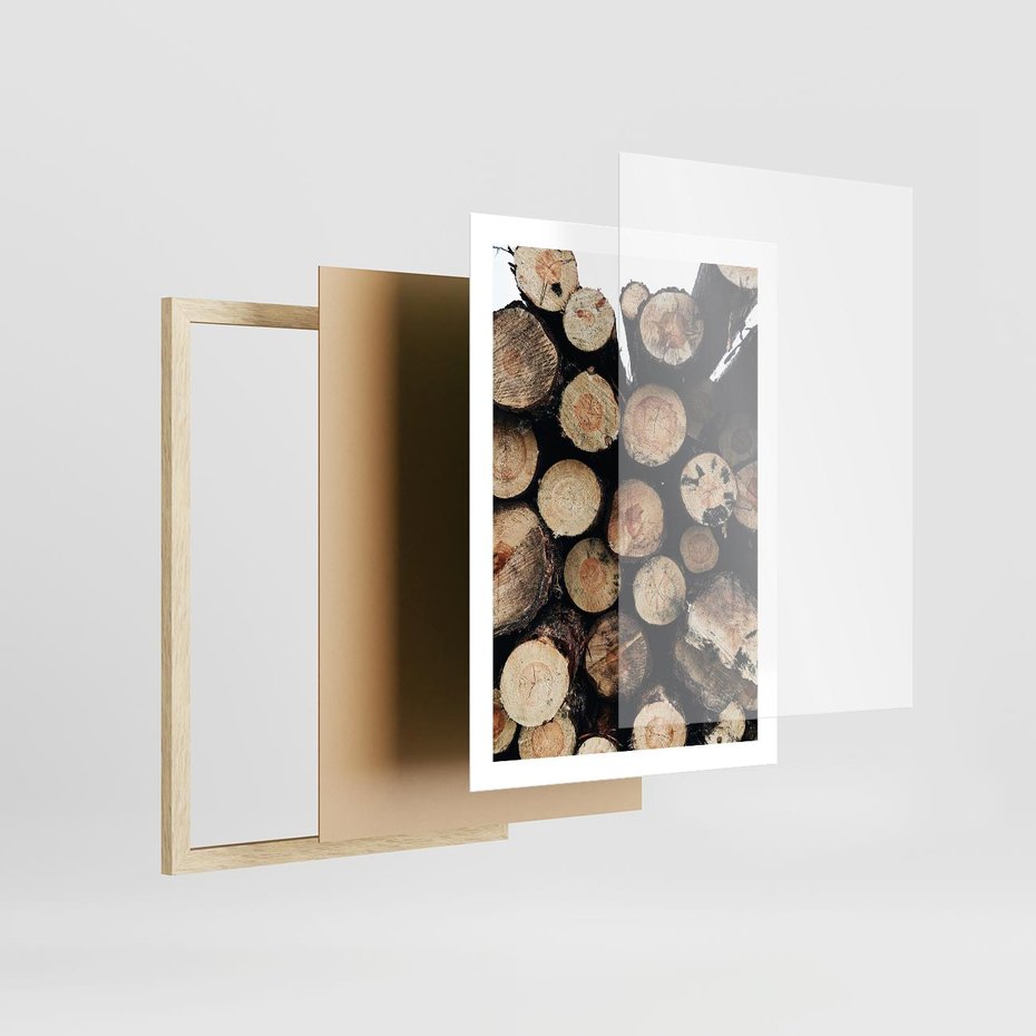 Plakat w ramie 50x70 - Siła Drewna - ścięte drewno, belki drewna ułożone jedna na drugiej - rama drewno