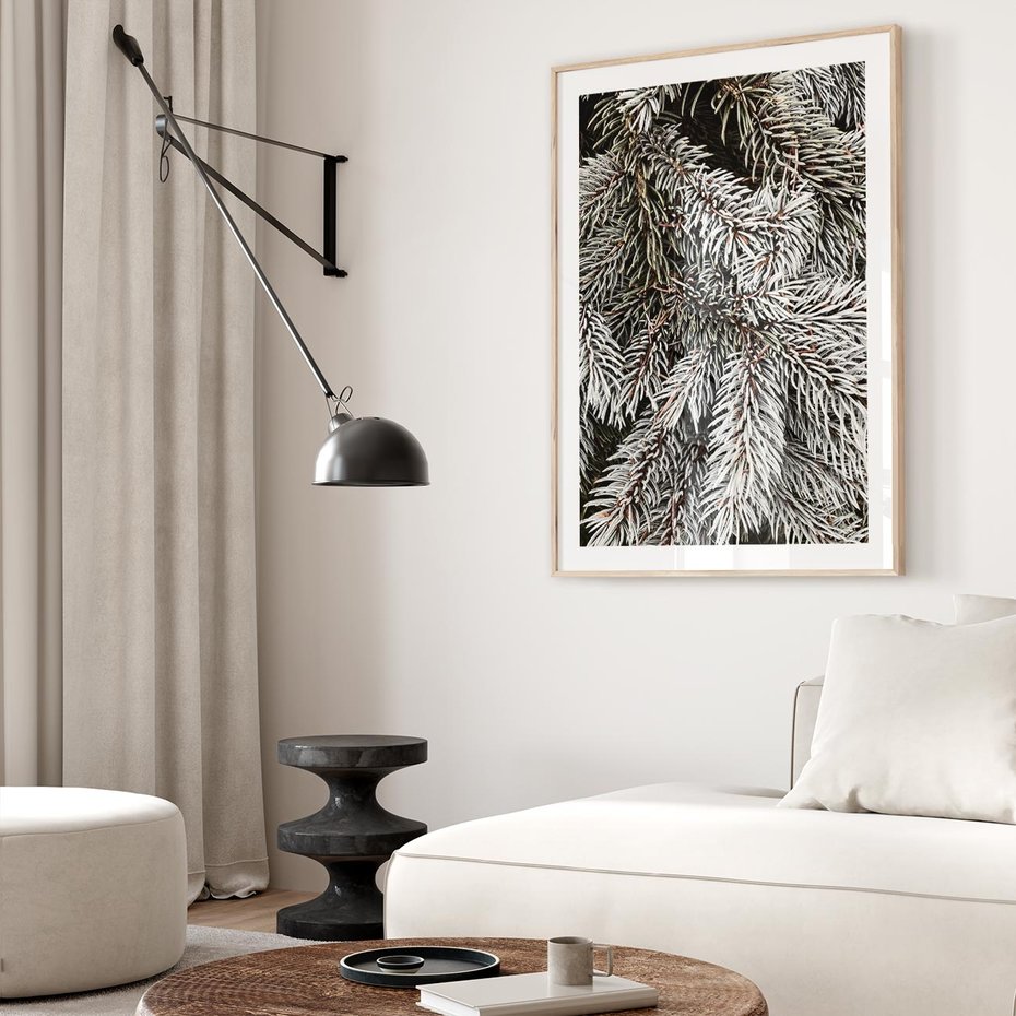 Plakat w ramie 50x70 - Cisza Zimowej Natury - zima, iglaste gałązki - rama drewno