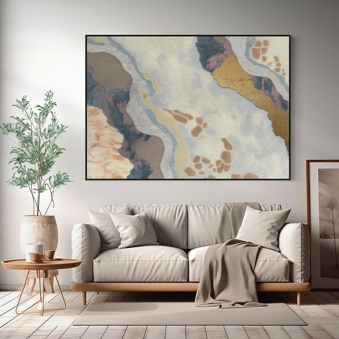 Obraz w ramie 100x70 - Melancholijne oddechy pędzla - abstrakcyjne formy, zgaszone kolory - rama czarna