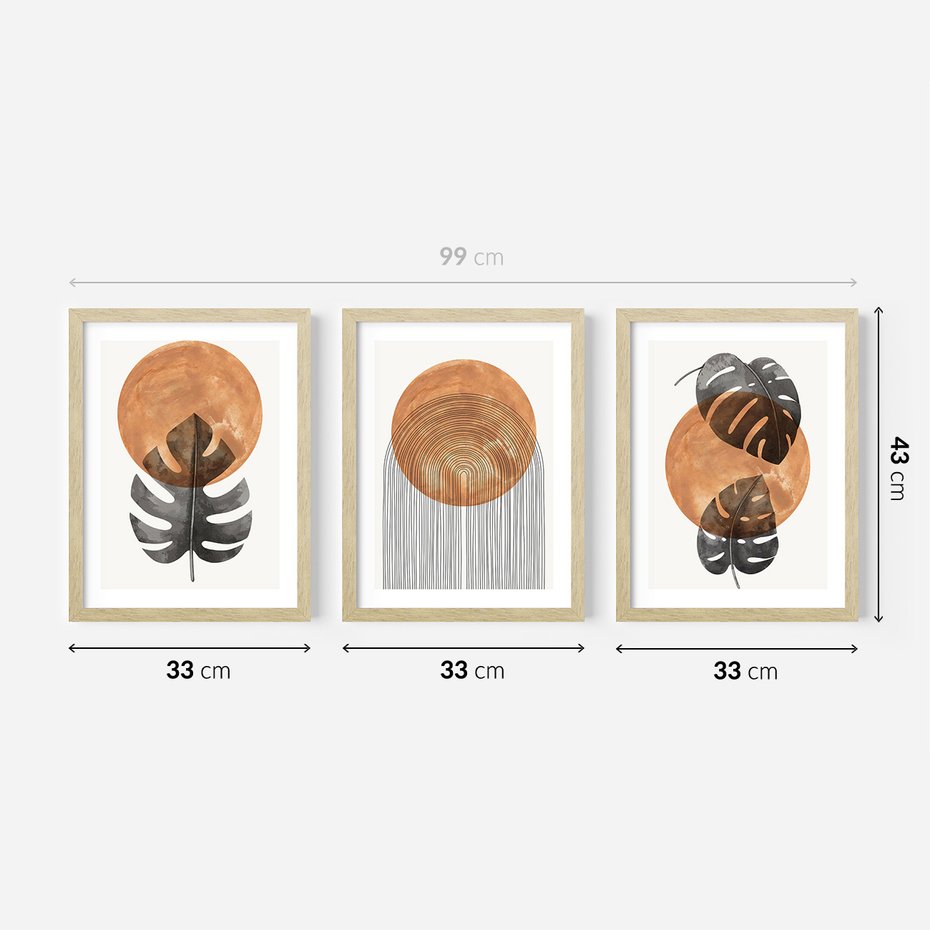 Zestaw obrazy w ramie 30x40 galeria - Monstera, boho, linie, minimalizm - rama drewno
