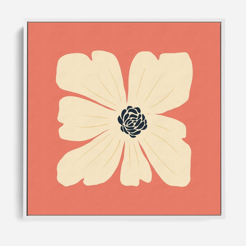 Obraz w ramie 50x50 - Malowane Kolorowe Echa - minimalistyczna grafika, biały kwiat na różowym tle - rama biała