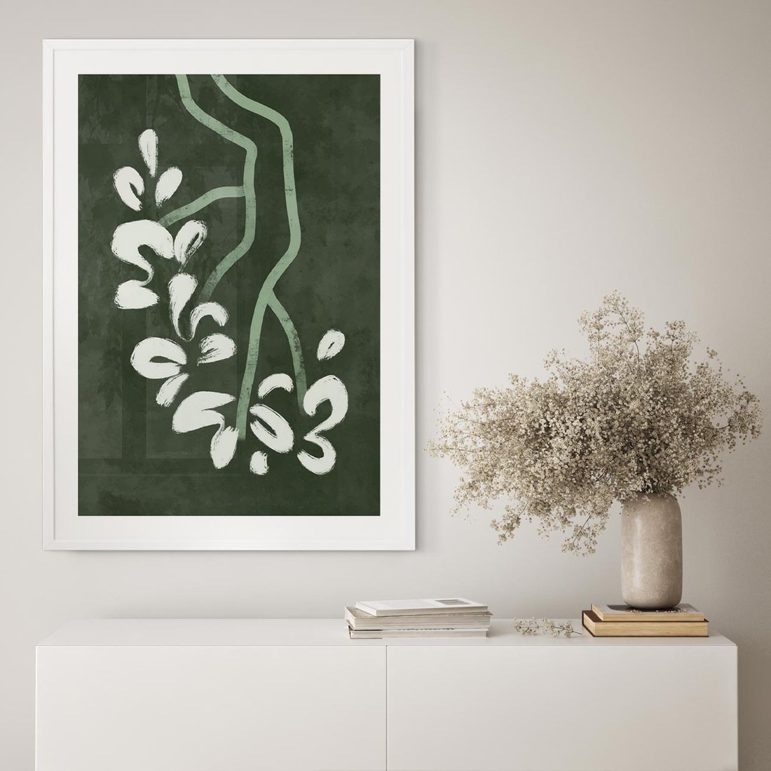 Plakat w ramie 30x40 - Rozkwitające Zielone Gałęzie - abstrakcyjne delikatne zielone linie, podobne do gałęzi kwiatów - rama biała