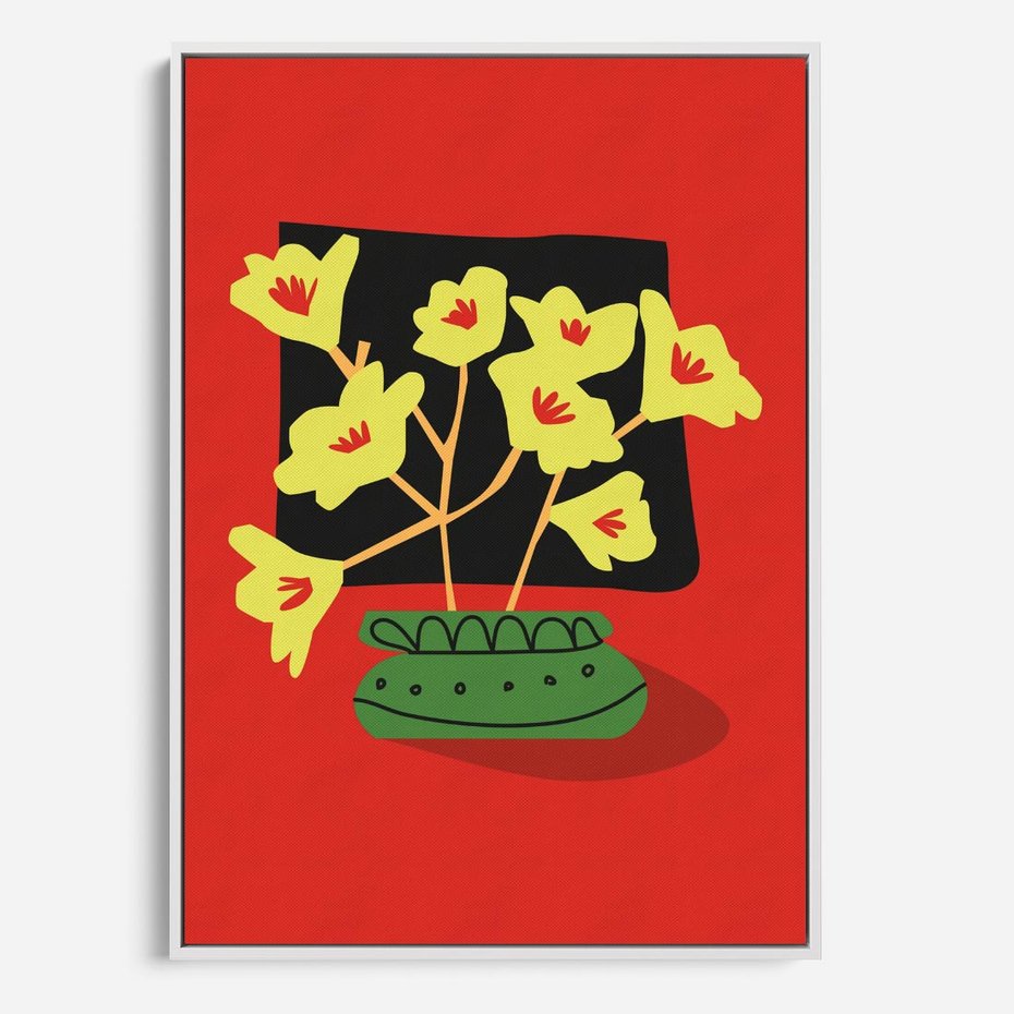 Obraz w ramie 80x120 - Abstrakcyjne Przenikanie - abstrakcyjne kwiaty, czerwone tło - rama biała