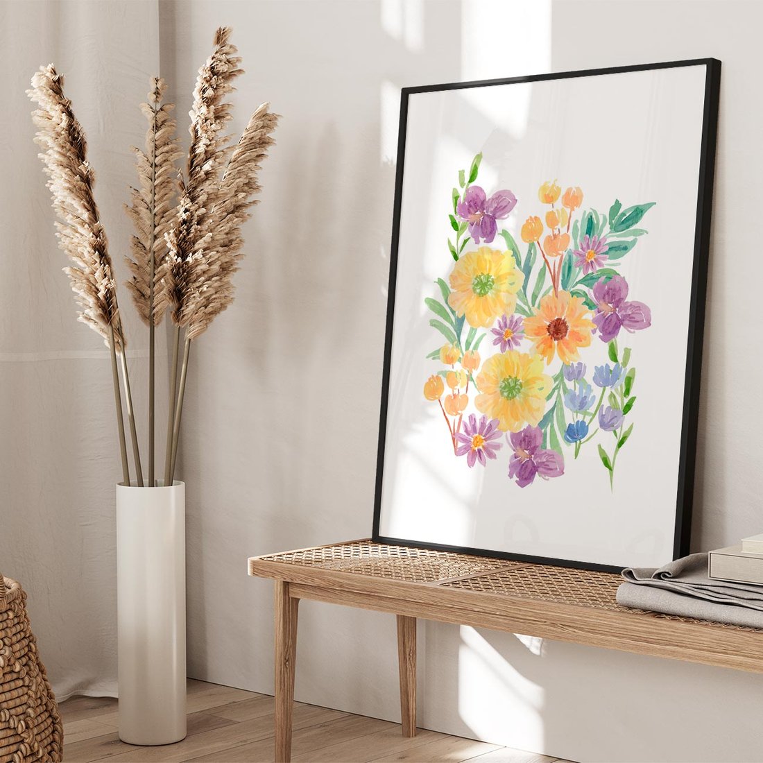 Plakat w ramie 40x50 - Kwiatowe Wibracje - akwarelowe polne kwiaty, minimalistyczny plakat - rama czarna