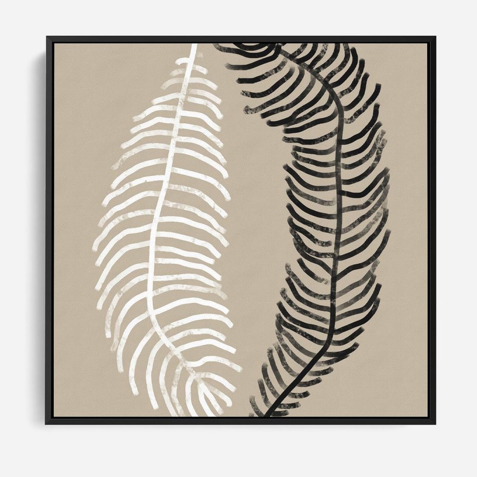 Obraz w ramie 50x50 - Spleciona Harmonia - sztuka nowoczesna, białe i czarne pióro - rama czarna