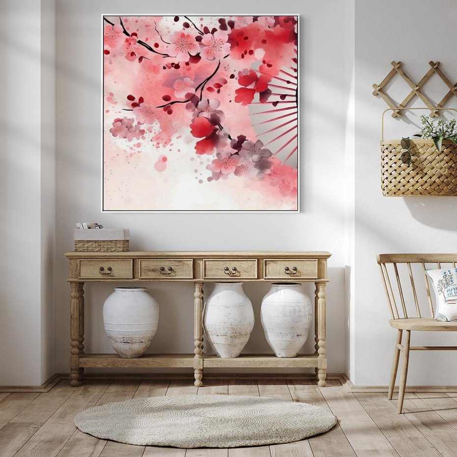 Obraz w ramie 80x80 - Szept Kwitnącej Wiśni - japoński parasol, liście - rama biała