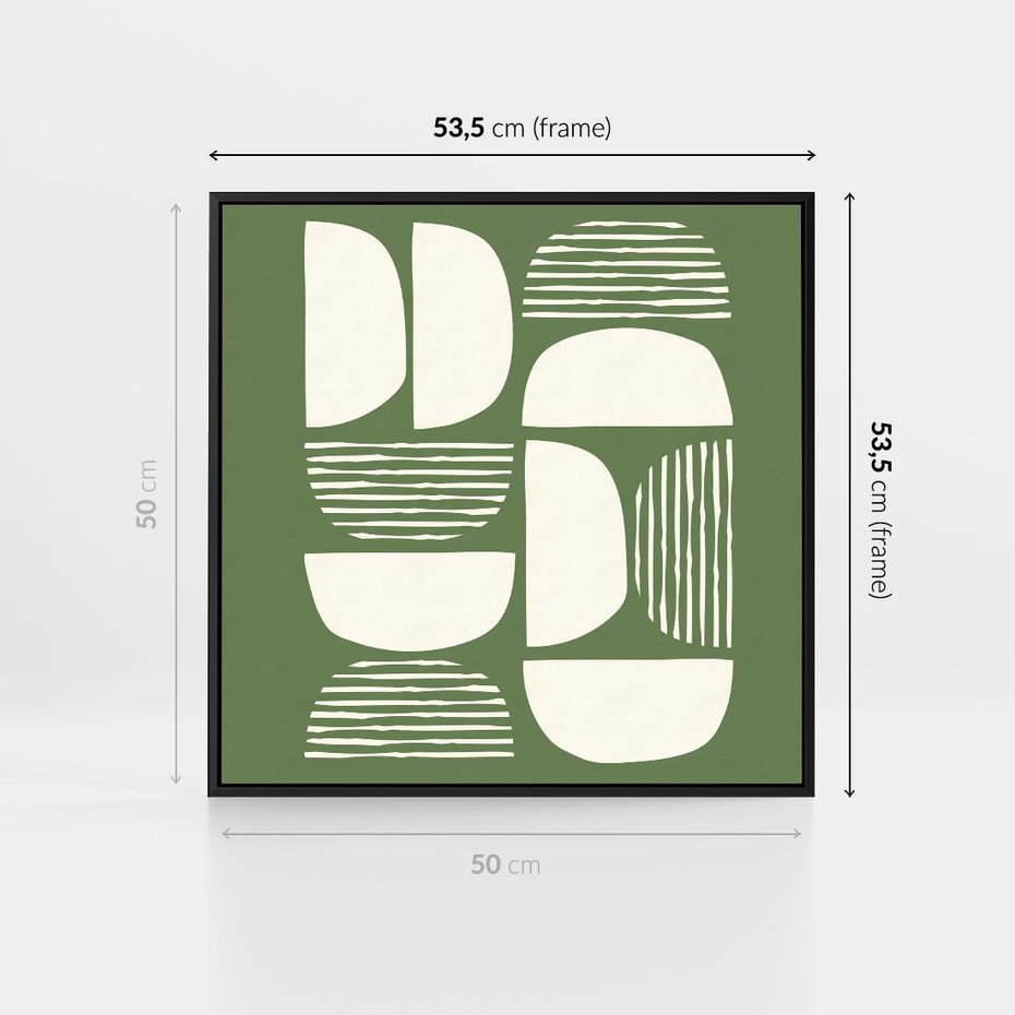 Obraz w ramie 50x50 - Migotliwe Formy - geometryczne boho kształty na brązowym, oliwkowym tle - rama czarna