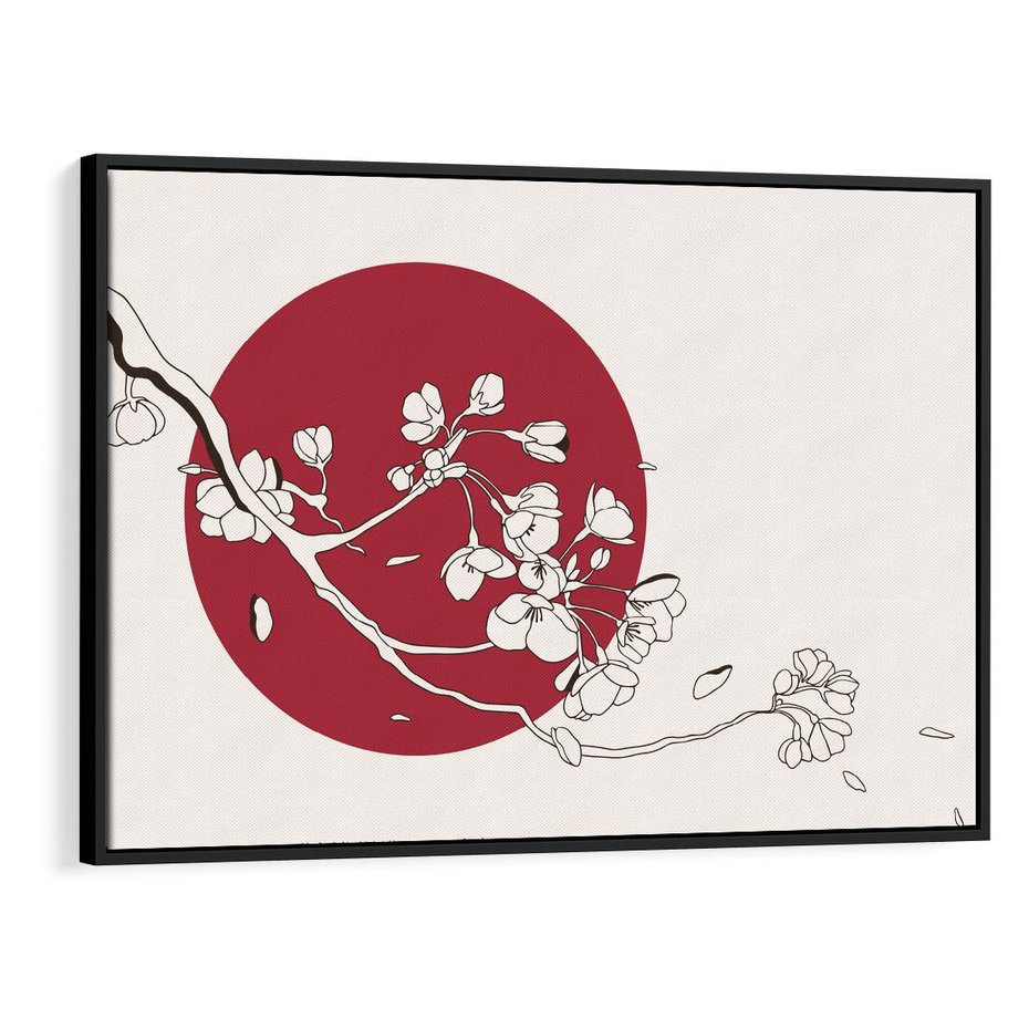 Obraz w ramie 70x50 - Esencja Zen - kwiatnąca wiśnia, orientalna grafika - rama czarna