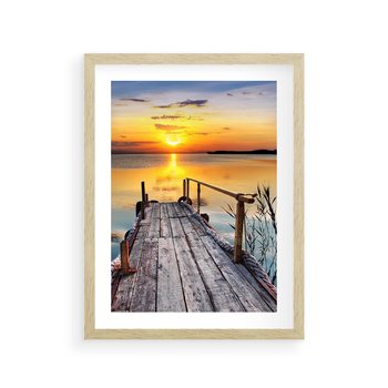 Plakat w ramie 40x50 - Zachód nad jeziorem z pomostem - pomost, jezioro - rama drewno