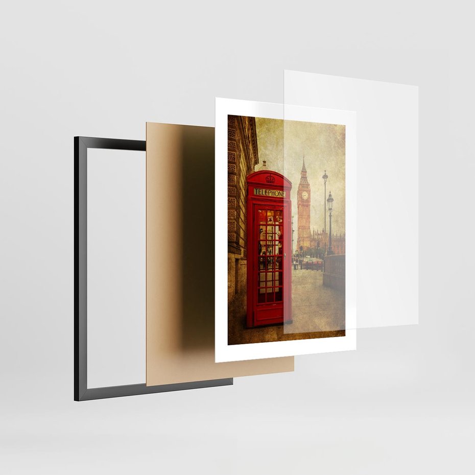 Plakat w ramie 30x40 - Ikoniczna budka telefoniczna w Londynie - sepia, budka - rama czarna