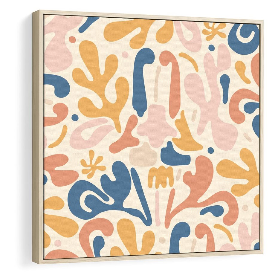 Obraz w ramie 50x50 - Symfonia Radosnych Barw - abstrakcyjne pastelowe formy, nowoczesna grafika w stylu boho - rama drewno