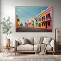 Obraz w ramie 120x80 - Ekspresja marzeń i tęsknot - pastelowe kolorowe budynki, wzdłuż ulicy - rama drewno